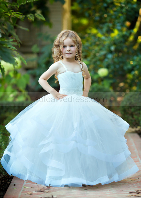 Spaghetti Straps White Tulle Ruffle Long Flower Girl Dress